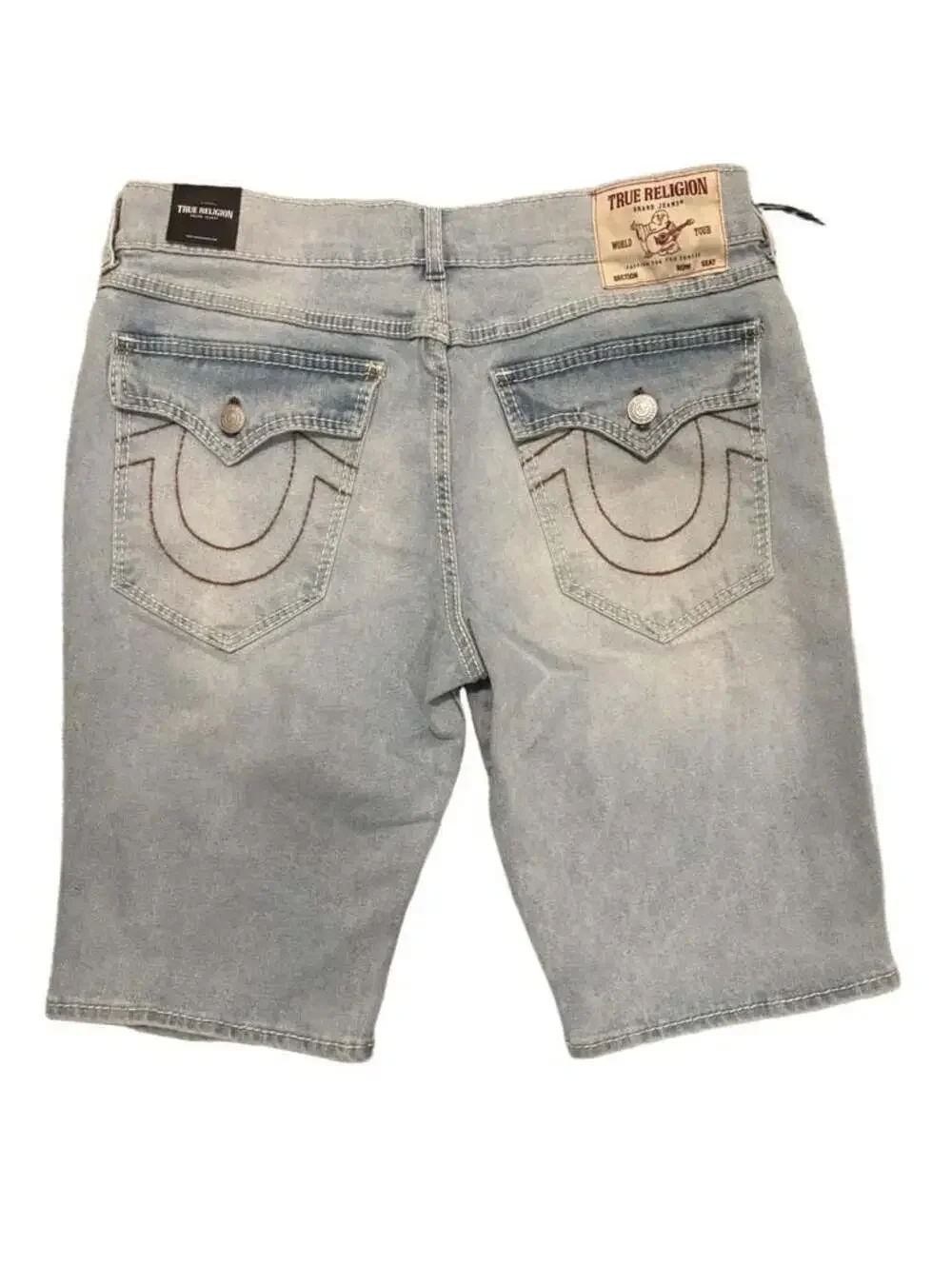 True Religion Rocco Big T Flap Denim Shorts Light Journey Wash Size 34 NWT